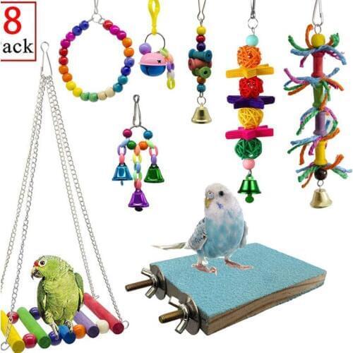 Pet Bird Parrot Toys with Hanging Chain and Bells and Swing and Wood Toys and Ball toys Total 8 pcs a set BT051