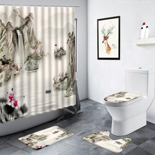 Chinese Style Landscape Shower Curtain Mountain Water Waterfall Plant Flowers Scenery Bathroom Non-slip Rug Toilet Bath Mats Set