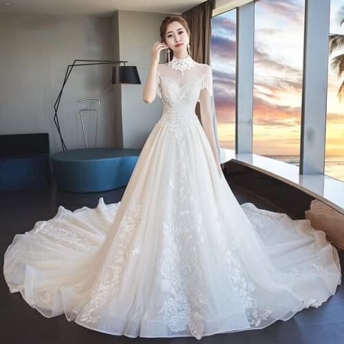 Vestido De Noiva 2021 Short Sleeve High Neck With Train Classic Ball Gown Princess Luxury Wedding Dresses Cusstomize