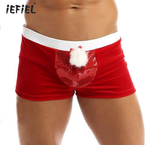 Red Mens Erotic Lingerie Christmas Underwear for Velvet Holiday Boxer Shorts Underpants Sissy Male Panties New Year Nightwear