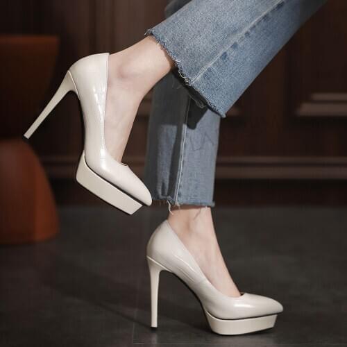 LAIGZEM Women Pumps Real Leather Platform Thin High Heels Party Prom Office Sandals Slip On Black Beige Shoes Woman Size 38 40