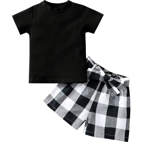 OPPERIAYA Baby Girls Summer Cotton T-shirt and Shorts Casual Set Fashion Solid Color Short Sleeve Tops and Bow Plaid Short Pants