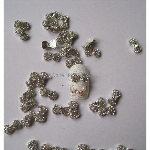 MD-84 10pcs Fancy All Crystal Rhinestone Silver Bow Metal Charms Metal Deco Charms Nail Art