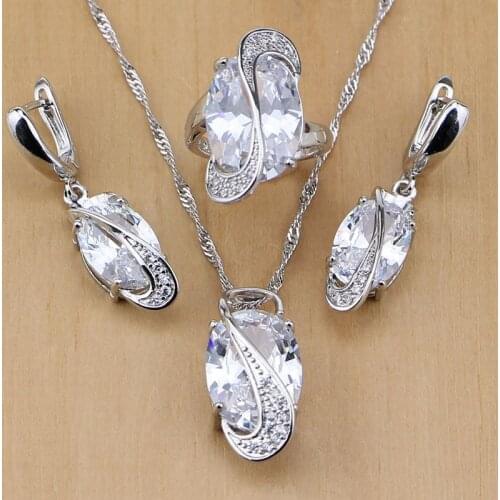 Trendy 925 Sterling Silver Bridal Jewelry White CZ Jewelry Set For Women Wedding Earrings/Pendant/Necklace/Rings