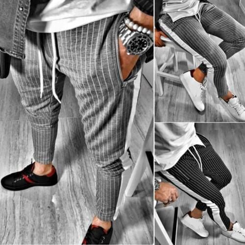 Men Stripe Sport Pants Slim Fit Running Joggers Casual Long Trouser Sweatpants