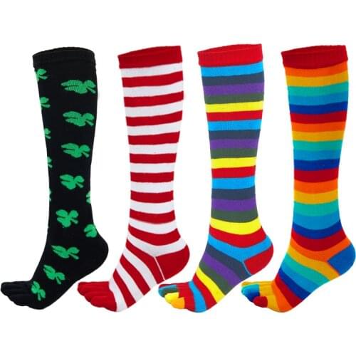 Long Tube Toe Socks for Women Fashion Maple Leaf Rainbow Striped Five Fingers Student Socks Calf High Colorful Cotton Stockings