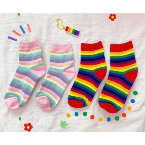 Sweet girl Rainbow Color Striped Printed Novelty Fashion Lady Autumn Socks B1241