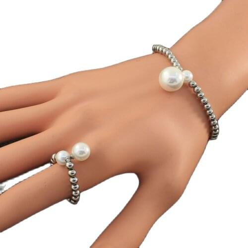 Silver Color 4mm Bead Fashion Jewelry Stainless Steel Bracelets And Ring Set For Women Free Shipping SRYZ093