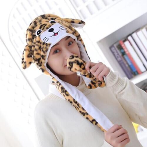 Cute Animal Plush Leopard Hat Interesting Moving Up Down Ears Kids Adult Play Train Gift