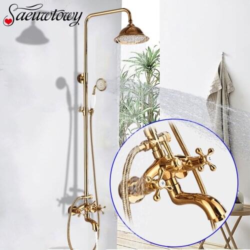 Gold Chrome Bathroom Shower Faucet Set Wall-Mounted 8 '' Shower Head With Ceramic Handheld Sprayer Tub Hot And Cold Water Mixer
