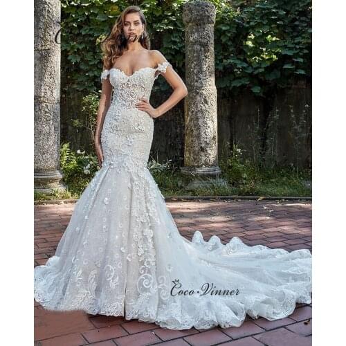 3D Floral Appliques Vintage Lace Mermaid Wedding Dresses Europe Stylish Off Shoulder Quality Bride Dresses For Women W0894