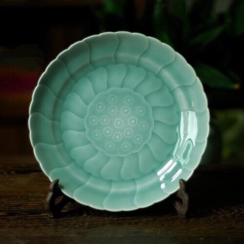 Green Glaze All Hand Carved Ceramic Lotus Plate Tea Tray
