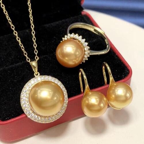 D429 Pearl Set Fine Jewelry 925 Sterling Silver Round 9-12mm Natural Fresh Water Golden Pearls Jewelry Sets for Women Presents