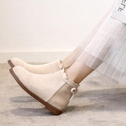 Womens Thin Soled Ankle Boots Females Warm Plush Side Zipper Solid Flock Bow Decoration Footwear Ladies 2021 New Outdoor Shoes