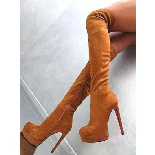 Hot Selling Brown Suede Over The Knee Boots High Platform Heels Round Toe Tight High Boots Plus Size Women Tall Boots Big Size