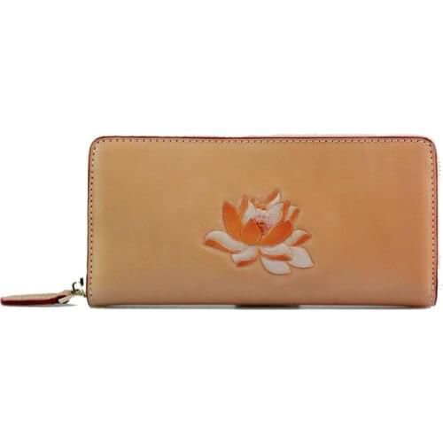 Cow Leather Women Long Zipper Flower Engraved Purse Solid Wallet