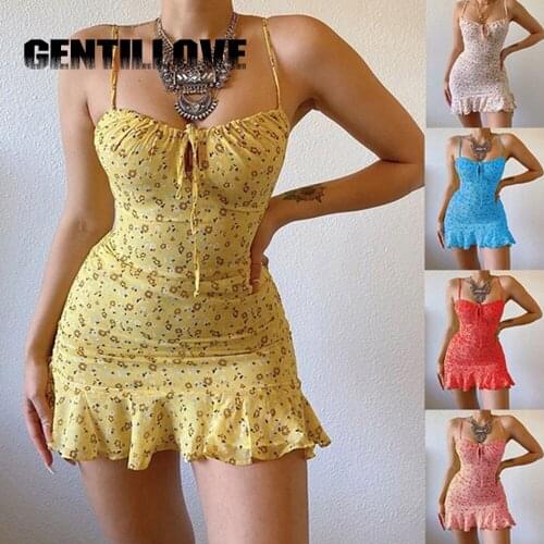 Sexy Floral Women Mini Dress Y2K Tight Bodycon Ruffle Dresses Strap Printing Cut-Out Strapless Summer High Waist Sundress