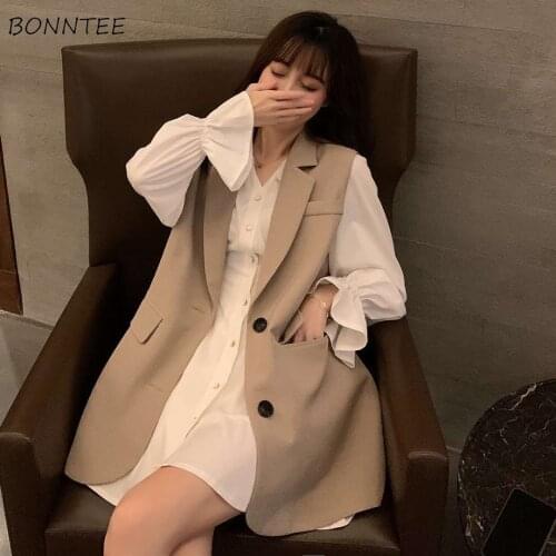 Vests Women Solid Pockets Sleeveless Chic Loose Korean Button Single-breasted All-Match Fashion Vintage Long Ladies Female BF