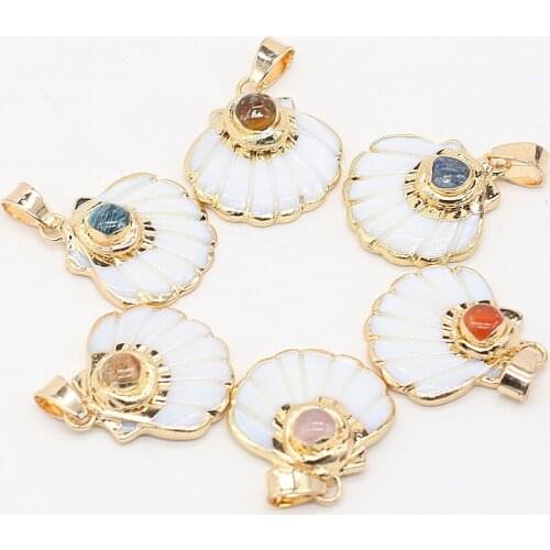 Natural Stone Tiger Eye Opal Rose Quartz Pendant Hand Carved Shell Gold Pendant for DIY Jewelry Making Necklace Earrings Gifts
