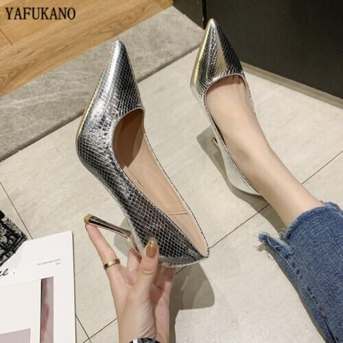 2020 New Classic Women High Heels Silver Pointed Toe Thin Heels Lady Pumps Sexy Elegant Party Dress Shoes Black Career Work Shoe