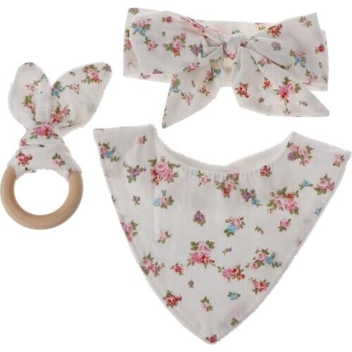 3Pcs Baby Rabbit Ears Teether Cotton Bibs Headband Infant Saliva Towel Care Set