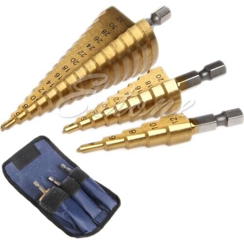 3Pcs/Set Steel Titanium Nitride Coated Step Drill Bit Quick Change 1/4" Shank With Tool Bag