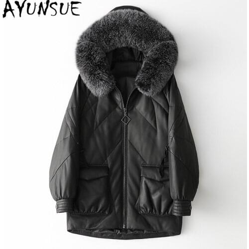 AYUNSUE Genuine Leather Jacket Women Winter Coat Female Sheepskin Down Jackets Fox Fur Collar Hooded Plus Size HQ20-LZJ2020-2B