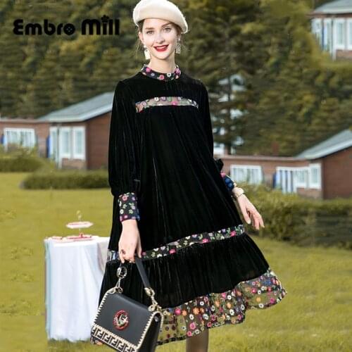 Gold Velvet Spliced Embroidery Autumn And Winter New Design Sense Womens Street Style Lady Age-Reducing A-Line Dress M-XXL