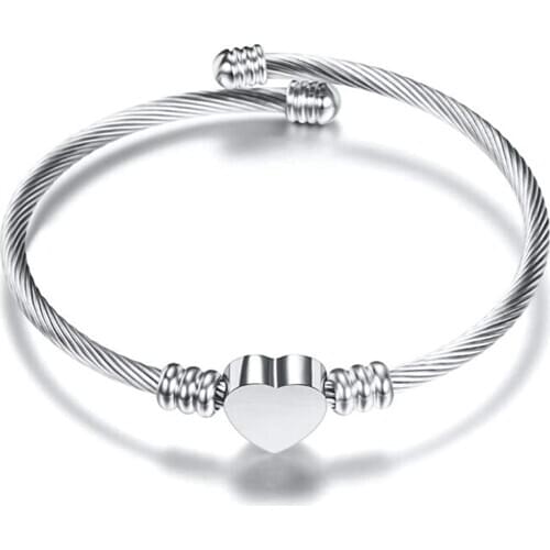 Stainless Steel Cable Wire Heart Charm Bangle Bracelet Anniversary Statement Promise Occasions