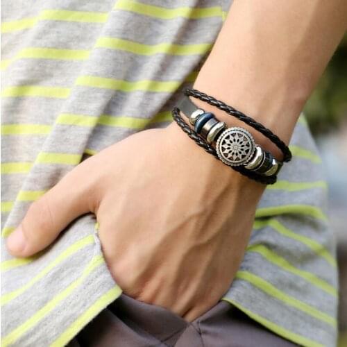 Lucky Vintage Mens Leather Bracelet Wood Beads Charm Multilayer Braided Bracelets Bangles Women Pulseira Masculina