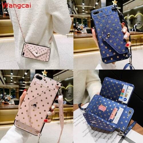 For Huawei Nova 5i 5 Pro 4 4e 3 3i Y9 Prime 2019 Case Star Wallet Card Bracket Purse Bling Glitter Lanyard Holder Stand Cover