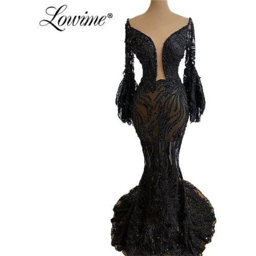 Black Party Dress Arabic Long Sleeves Evening Dresses 2020 Illusion Neckline Beaded Prom Gown Dubai Special Occasion Women Dress