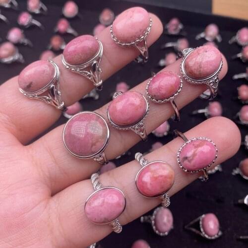 1PC Random Oval Shape Natural Stone Rings for Women Adjsutable Open Elegant Real Rhodonite Rosy Pink Quartz Ring Wedding Jewelry