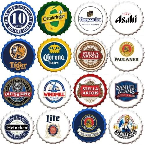 Room Decor Vintage Metal Round Plate Wine Brand Beer Bottle Cap Tin Sign Bar Garage Wall Signs Decor Crafts Tinplate Painting