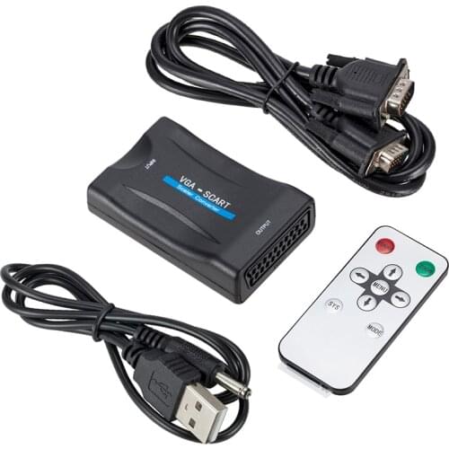 Hot VGA To Scart Converter 1080P Adapter Video Audio Signal Converter for DVD Box TV with Remote Control Power VGA Cables