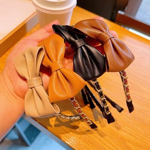 Korean retro style autumn and winter style ~ lambskin temperament bow tie three-dimensional cute metal chain headband headband