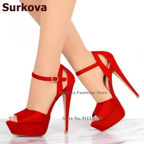 Surkova Red Satin Stiletto Heel Platform Sandals Open Toe Cut-out Buckle Strap Bridal Shoes Luxury Banquet Pumps Size46 Dropship
