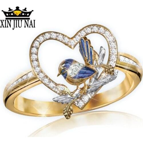 Creative ostrich sparrow ring female unique golden heart-shaped mosaic zirconia Gum-dropping Bird Sapphire ring anniversary
