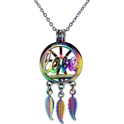 C891 Rainbow Color Dream Catcher Beaty LOVE Round Ball Leaf Locket Pendant Aroma Essential Oil Diffuser 28"Necklace