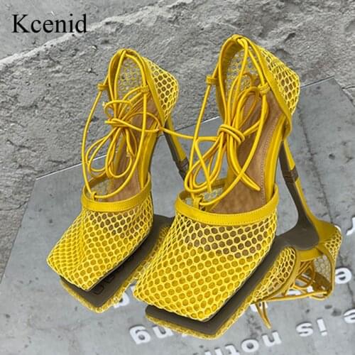 Kcenid Summer New Yellow Black Mesh Shoes Sexy High Heel Sandals Women Square Toe Ankle Strap Dress Shoes Lace-Up Party Pumps