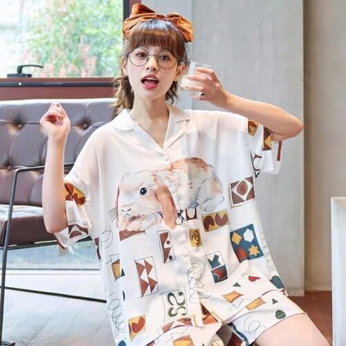 Summer Pajamas Women Sleepwear Cartoon Pajama Loose Version Set Silk Short Sleeved Shorts Suit Plus Size XXXL
