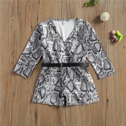 Fashion Toddler Kids Girl Long Sleeve Romper Shorts V Neck Snake Printed Short Jumpsuit With Belt 1-6Years