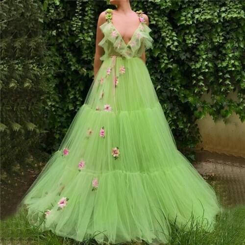 Mint Green Muslim Evening Dresses A-line V-neck Tulle Flowers Tiered Dubai Saudi Arabic Long Formal Evening Gown