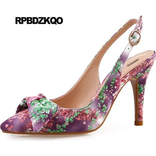 Purple Size 33 Plus Prom Shoes 2018 Slingback Stiletto Flower Printed High Heels Pointed Toe Bow Ladies Sandals Pumps Floral