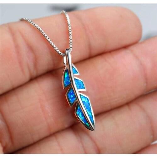 Luxury Bridal Cute Leaf Wedding Necklace Trendy Female Blue Opal Pendant Necklace Classic Silver Color Chain Necklaces For Women