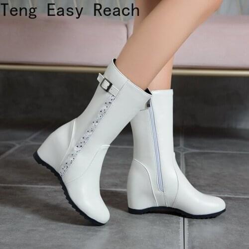 New Women Boots fashion Comfortable Boots Ladies Classic Round head Leather zipper Slope heel Boots Middle Tube Boots white
