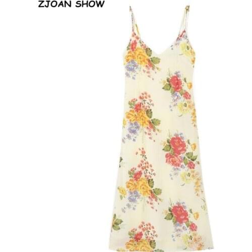Vintage France Summer V neck Floral Print Spaghetti Strap Midi Dress Retro Sexy Women Hem Slit Sling Dresses Holiday