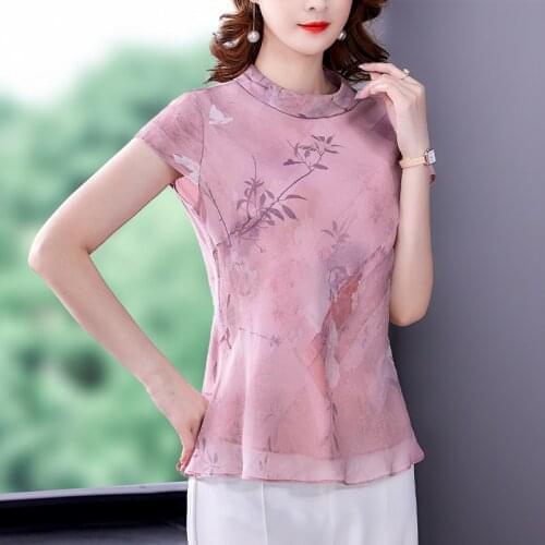 Stand Collar Vintage Floral Print Top Women Summer Short Sleeve Elegant Satin T-shirt Chinese Style Female Casual Pullover Tee