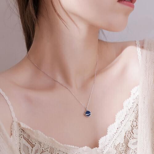 Blue Saturn Planet Bling Silver color Necklace For Women Girls Sweet Korean Clavicle Chain Jewelry Gifts