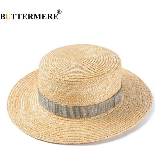 BUTTERMERE Summer Hats for Women Rhinestone Boater Hat Straw Sun Hat Ladies Beige Brim Female Fashion Beach UV Hats Beach Hats
